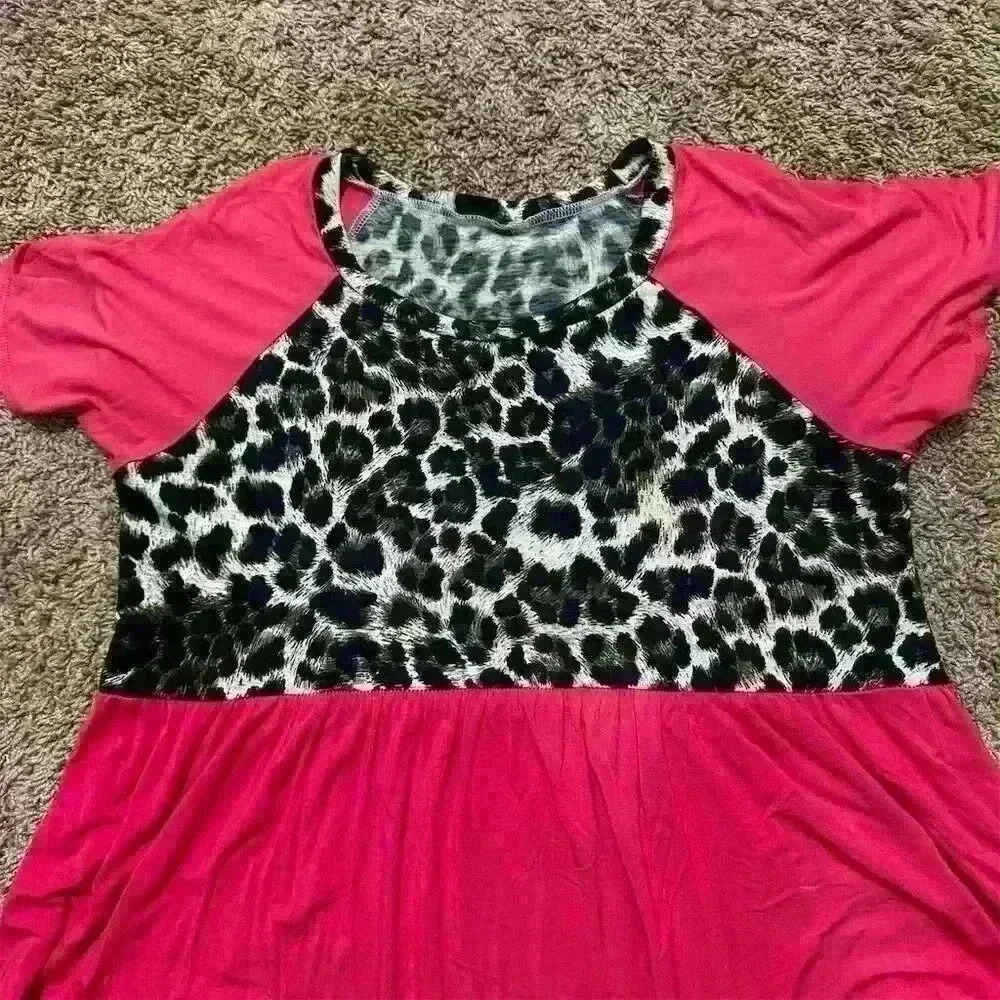 Hot Pink & Leopard Print Babydoll Top Size M Short Sleeve - Picture 2 of 4